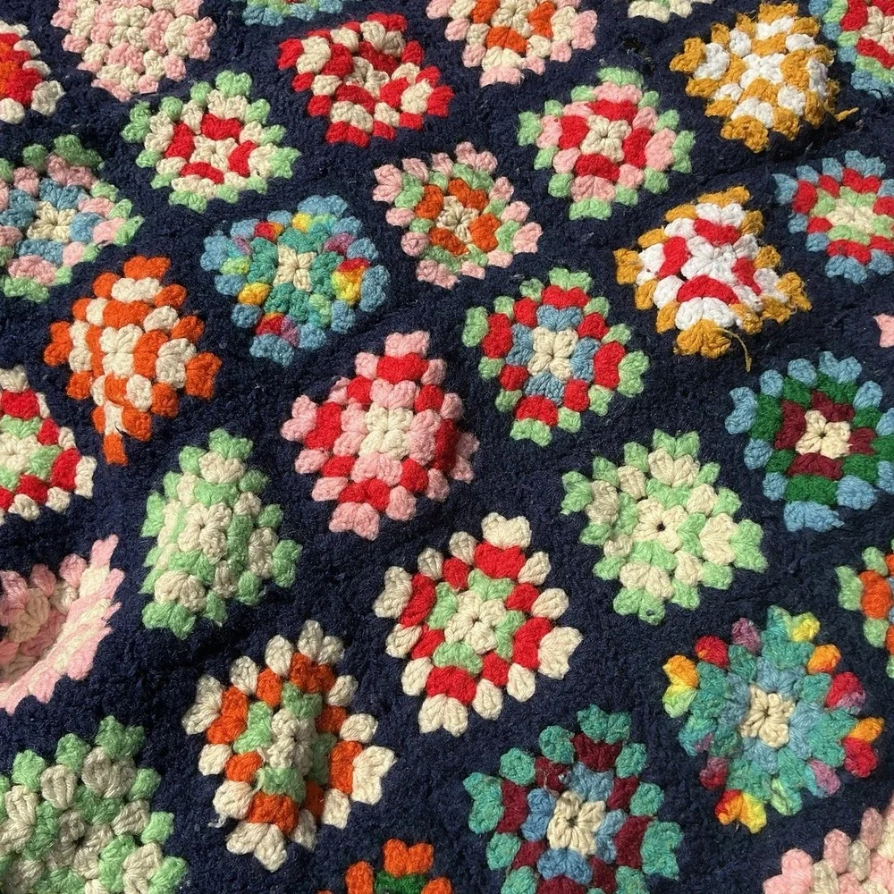 Vintage Afghan Multi-colored Square Granny Square 70s Cutter Boho 36x50